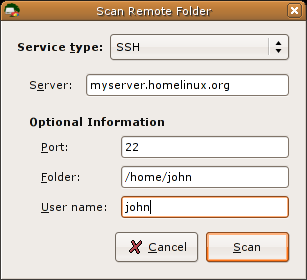 Shows Disk Usage Analyzer remote folder dialog window.