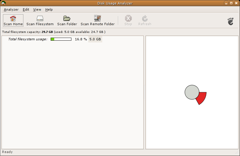 Shows Disk Usage Analyzer main window. Contains menubar, display area, scrollbars, and statusbar.